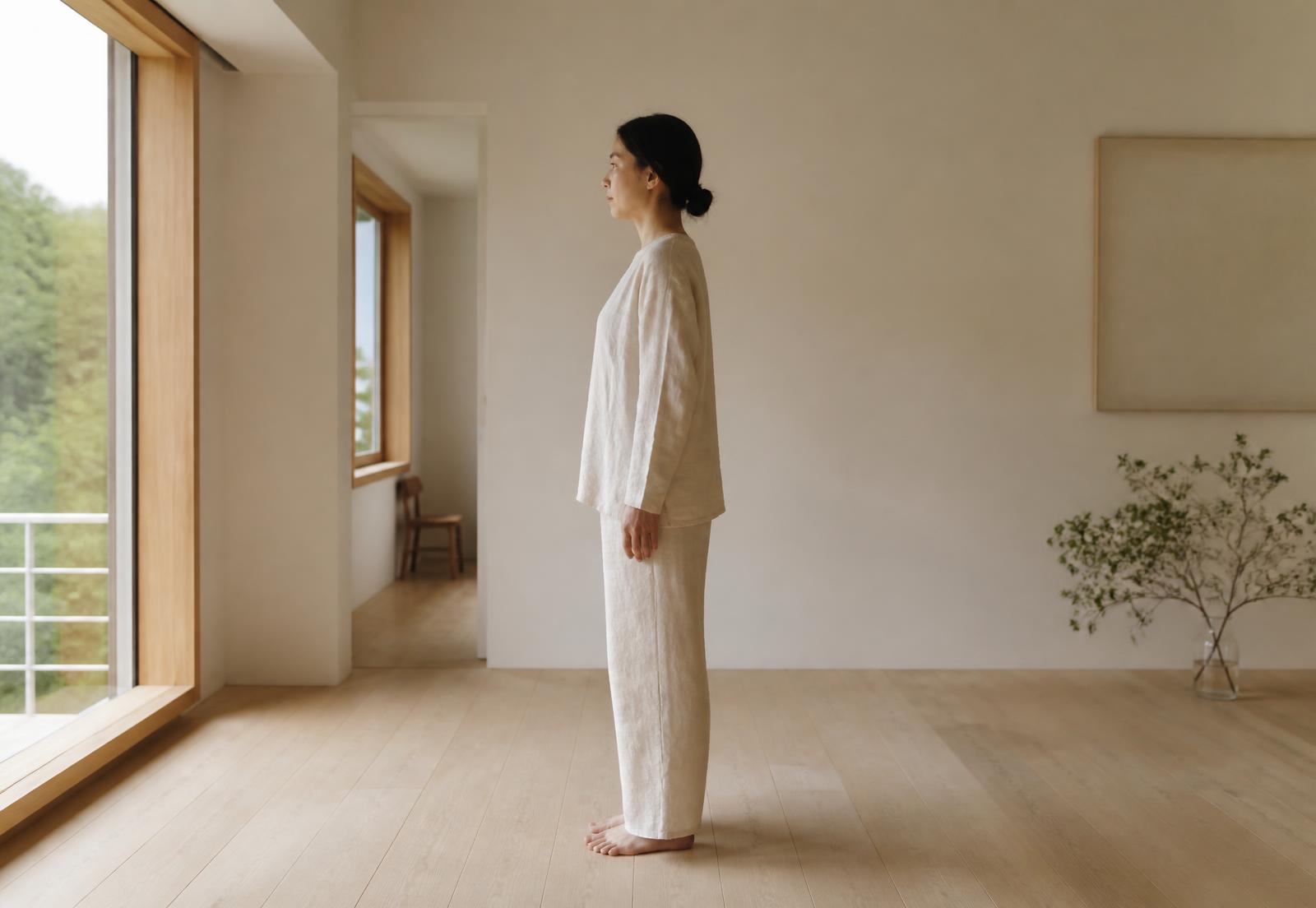 A person standing in natural upright posture in soft morning light