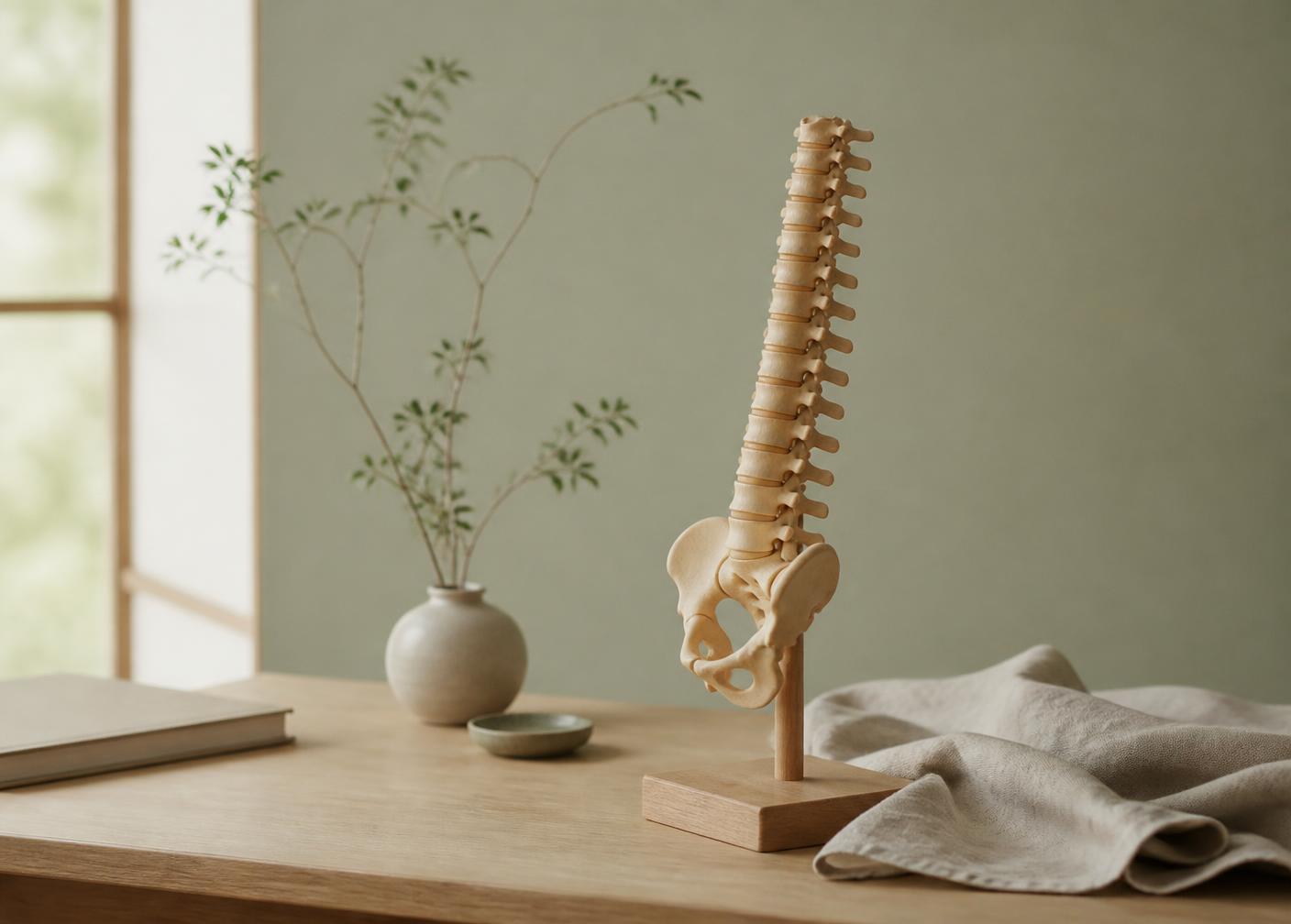 A wooden anatomical spine model on an oak table in soft daylight